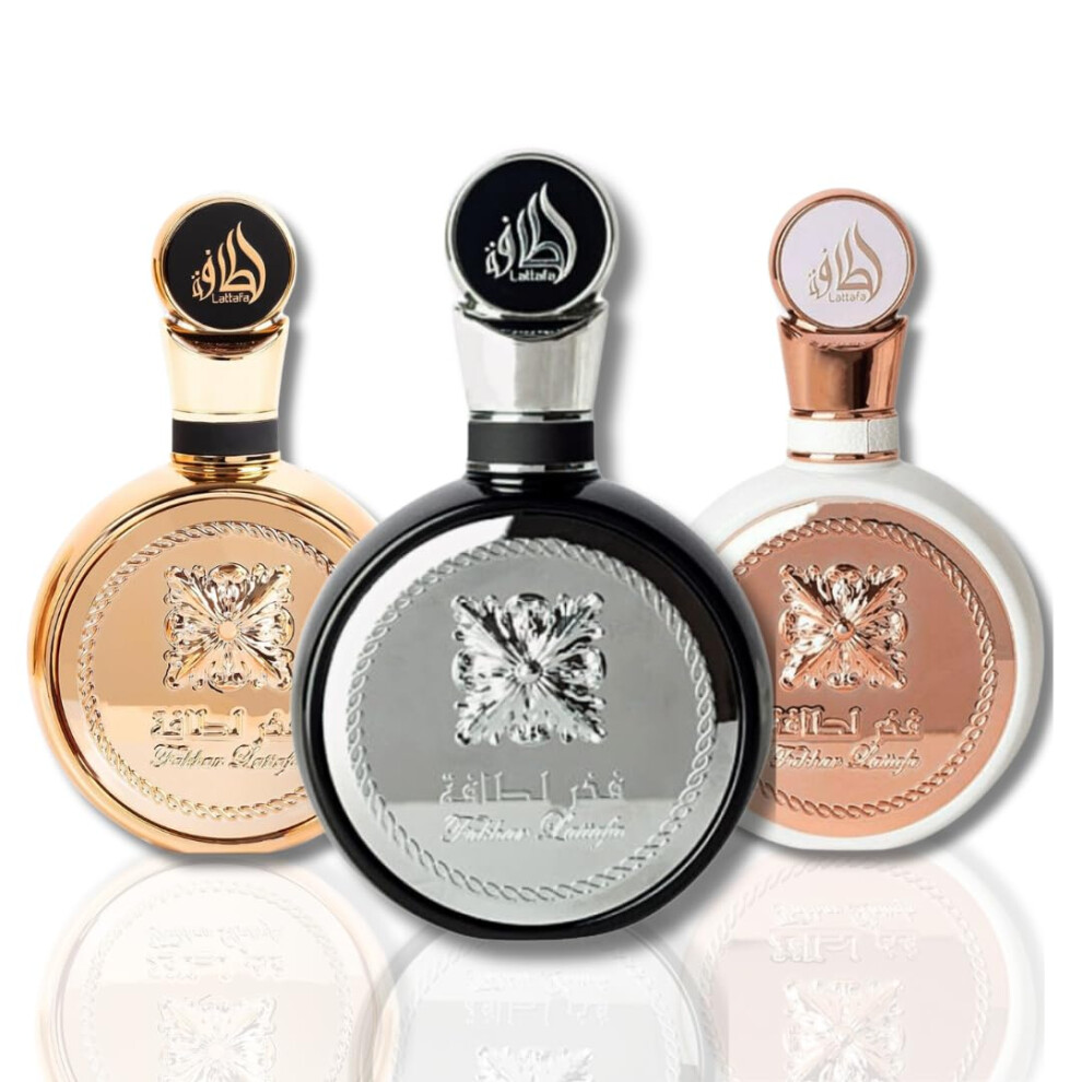 Lattafa Fakhar 3-Piece Set for Unisex  (3.4 Fakhar Eau De Parfum Spray For Men+ 3.4 oz Fakhar Eau De Parfum Spray For Women+ 3.4 Oz Fakhar Gold Extrai