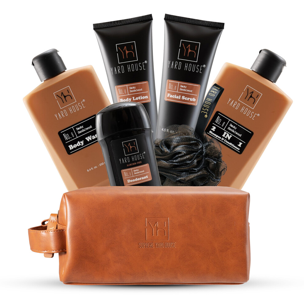 YARD HOUSE Luxury Mens Bath and Body Gift Set Basket For Him - Smoky Sandalwood - All Natural Skin Care Kit For Men w. Full Size Body Wash  Facial Scr