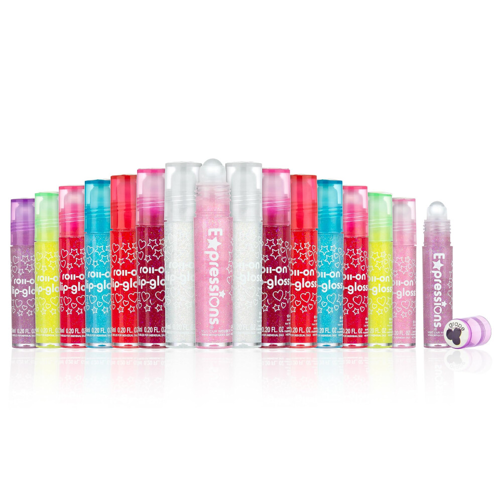 Udtryk Expressions 16Pc Roller-Ball Glitter Lip Gloss Set 8 Assorted Fruit Flavored Roll On Rollerball Lip Gloss For Kids Safe Non Toxic Kids Makeup Set
