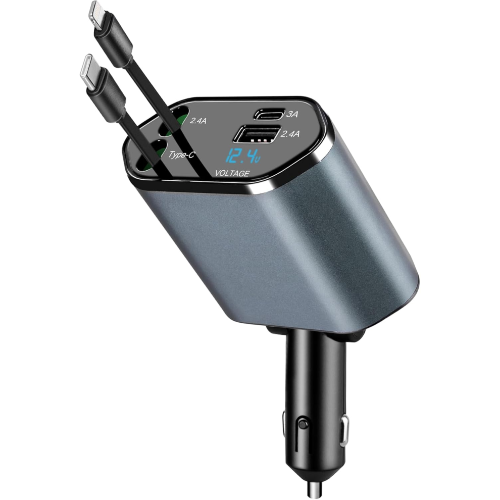 120W Retractable Car Charger 4 In 1 Car Charger Adapter With Retractable Cables And Voltage Displaywith Usb/Usb-C Ports 6290038964403