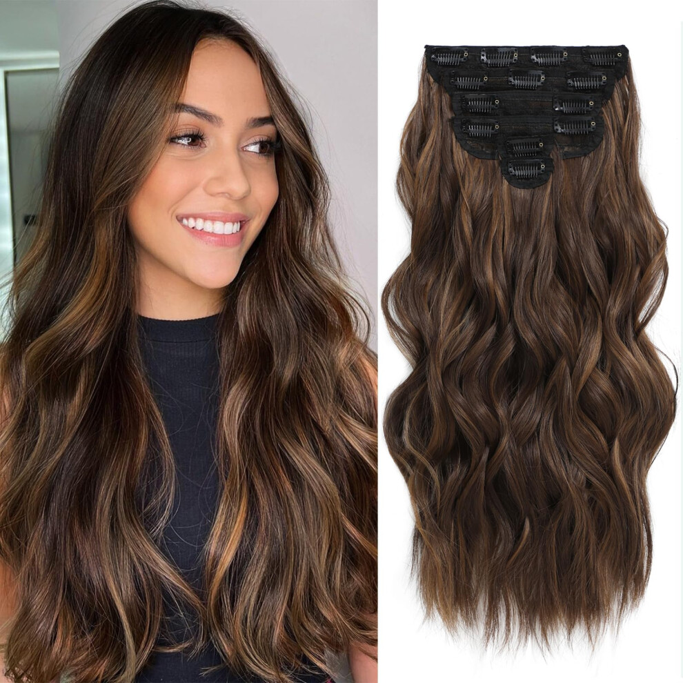 Fliace Highlight Balayage Dark Brown Hairpieces Natural & Blends Well Clip In Hair Extensions (20Inch 6Pcs Light Brown&Honey Blonde)
