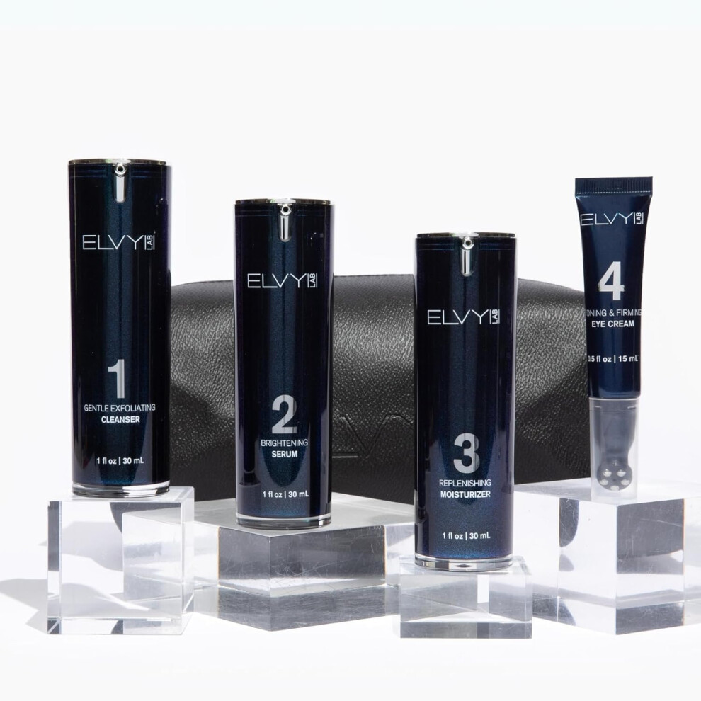 ELVY Lab Complete Men's Skincare Set | 4-Step Grooming Kit with Cleanser  Vitamin C Serum  Face Moisturizer & Eye Cream | Hydrating and Rejuvenating S