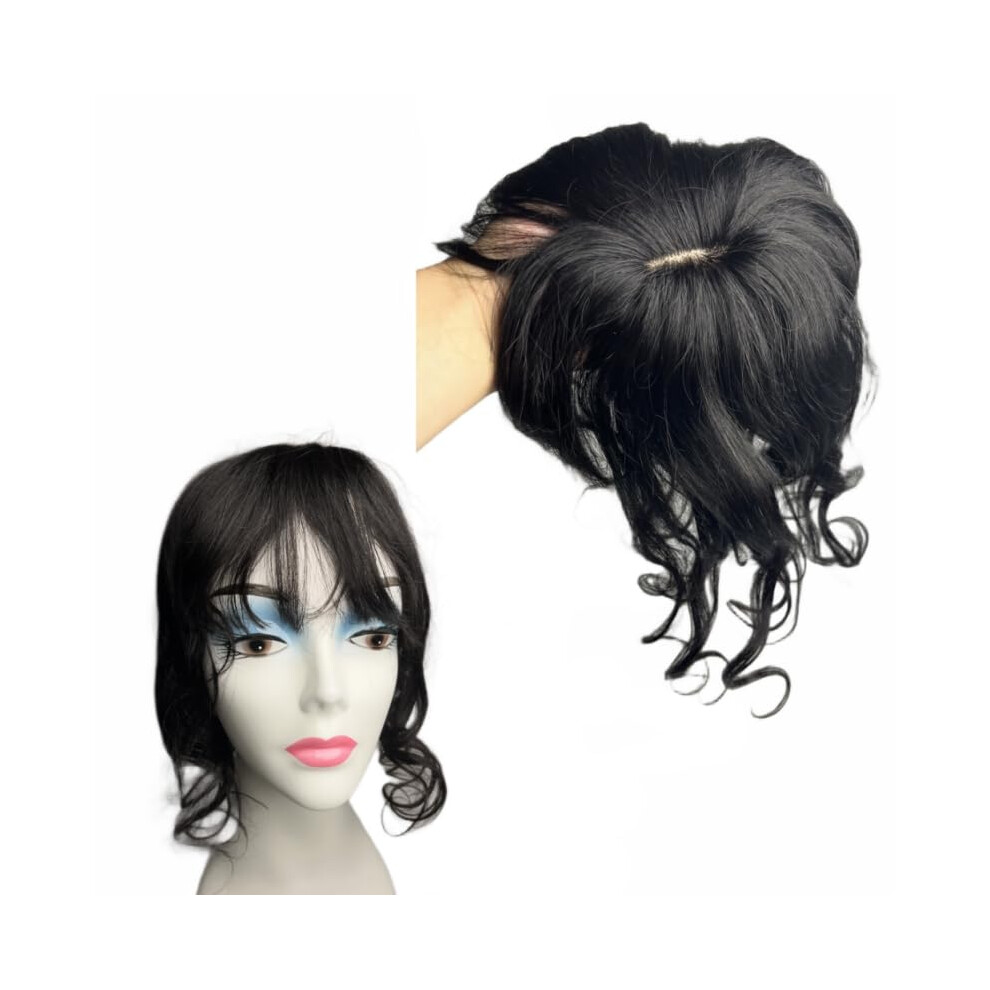 Ayunhe Unisex Not,Specified Curly Wavy Human Hair Topper For Women Clip In Human Hairpieces With 3D Bangs Fringe Hair Extensions 35Cm Mid Part Hair Toupee (1B)