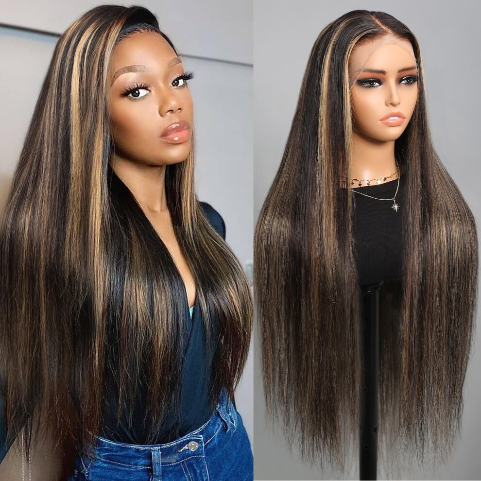 Superlook Echthaar-Per Cke Mit Gebleichten Knoten Und Highlights, 220 % Dichte, Balayage-Per Cke Ohne Kleber, Echthaar, 61 Cm, 33 X 10 Cm, Ombre--image