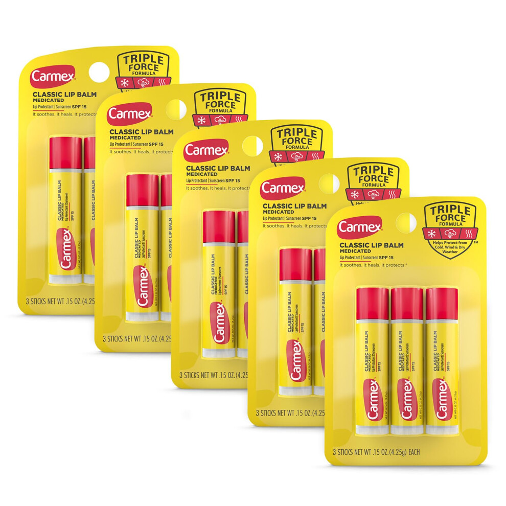 Carmex Classic Medicated Lip Balm Sticks  Lip Moisturizer for Chapped Lips  15 Count (5 Packs of 3)