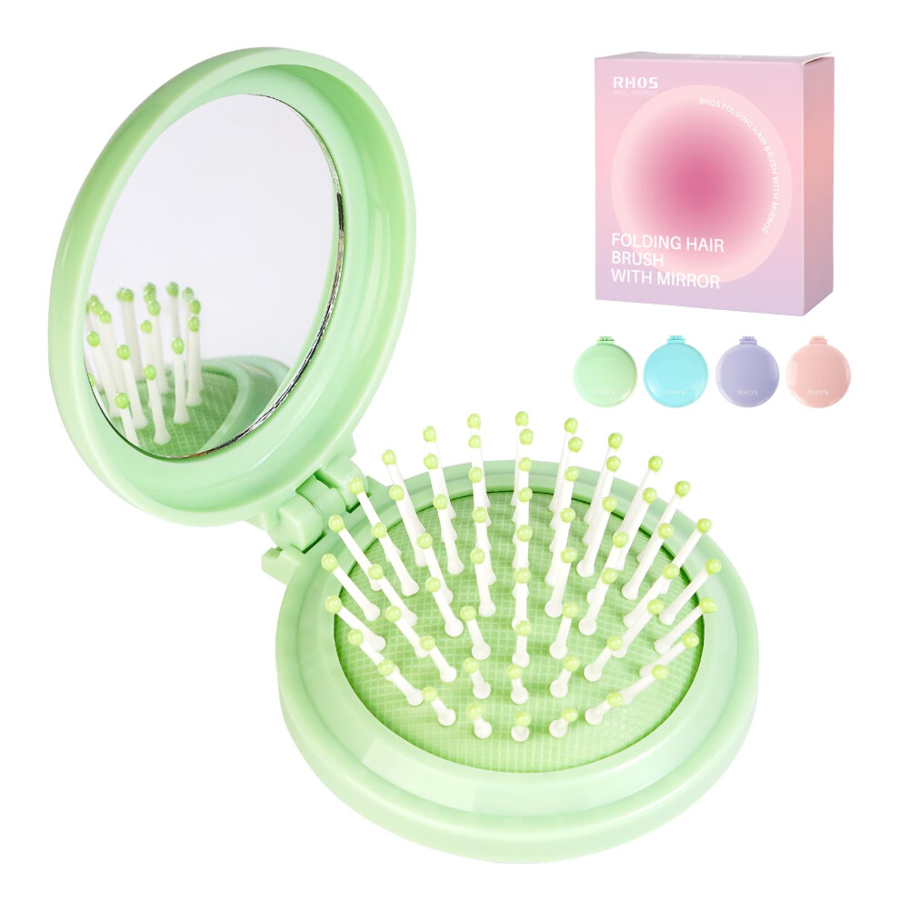 Rhos Green Folding Brush With Mirror - Compact Portable And Foldable For Travel Suitable For Women Men And Kids (Green)