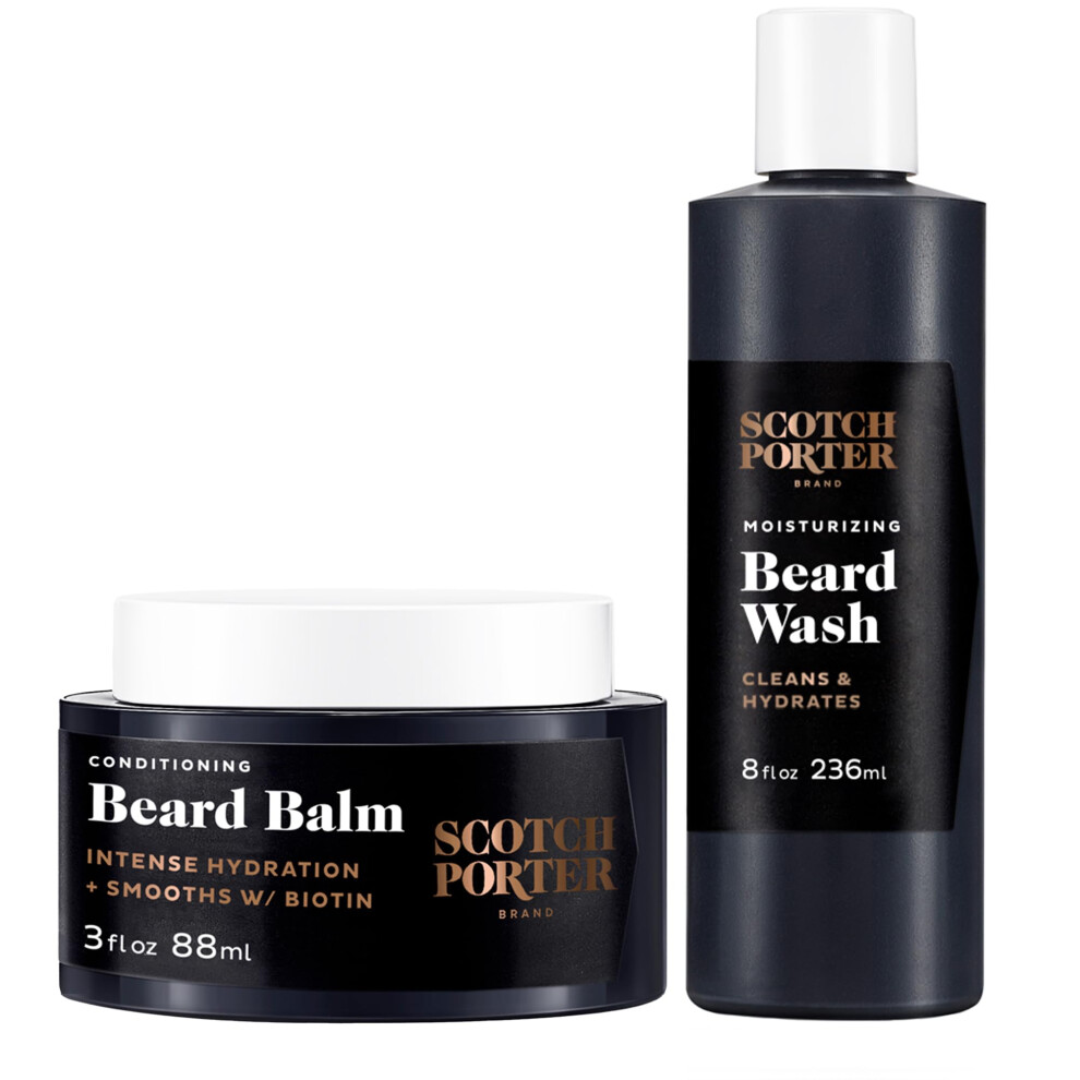 Scotch Porter Conditioning Beard Balm & Moisturizing Beard Wash Bundle - Smooth Shape Moisturize & Cleanse while Encouraging Growth for Fuller/