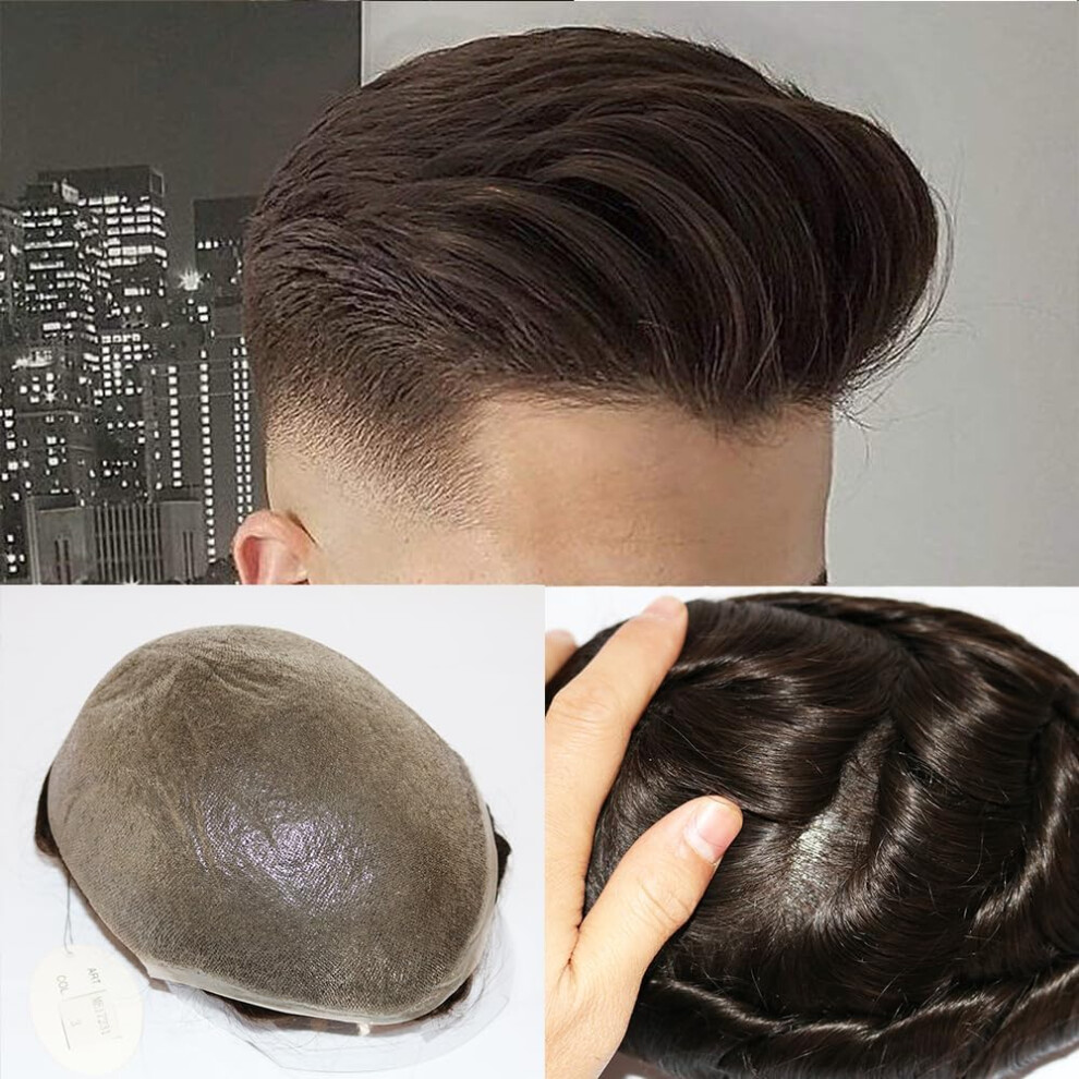 Simbeauty Super Natural Hairline Human Hair Mens Toupee Free Style 10X8 Inch Thin Skin Hairpieces Replacement Systems Men Hair (0.06Mm Skin 2 Dark B