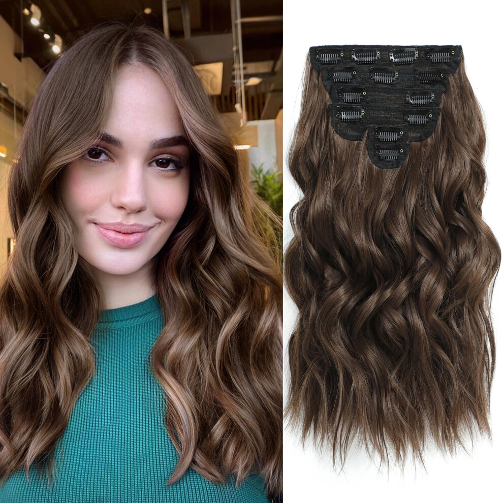 Fliace Clip In Hair Extensions Natural & Soft Hair & Blends Well Light Brown Hair Extensions Long Wavy Hairpieces(16Inch 6Pcs Chocolate Brown)