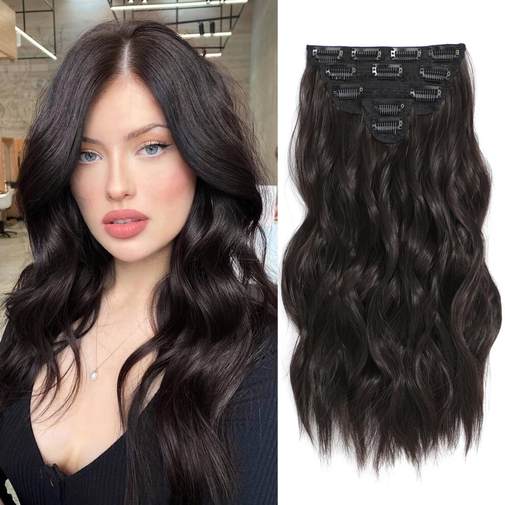 Fliace Clip In Hair Extensions 6 Pcs 1 6 Inch Hair Extensions Clip Ins Dark Brown Long Wavy Hairpieces(16Inch 6Pcs Dark Brown)