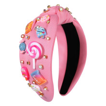 Knotted Headband for Women Lollipop Candy Charms Crystal Jeweled Embellished Top Knot Hairband Statement Wide Turban Hair Hoop Funny Gifts for Gi