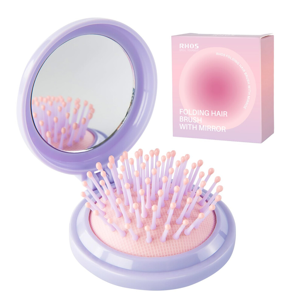 Rhos Purple Hair Brush With Mirror For Women Girls - Compact Folding Brush With Soft Nylon Bristles And Mirror - Portable Hair Brush For Travel (Purple)