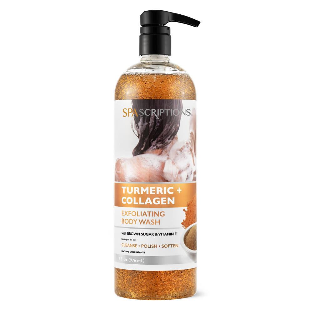 Spascriptions Turmeric + Collagen Exfoliating Body Wash, 33 Oz, Brightening Body Scrub And Body Exfoliator, Sugar Scrub With Brown Sugar And Vitamin E