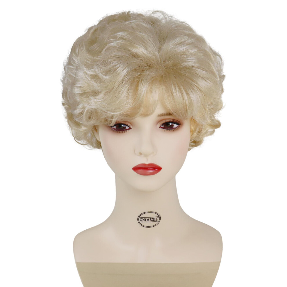 Gnimegil Unisex Golden Blonde Wig Natural Short Curly Hair Womens Pixie Cuts Wigs With Bangs Synthetic Layered Wigs Girls Cosplay Wig