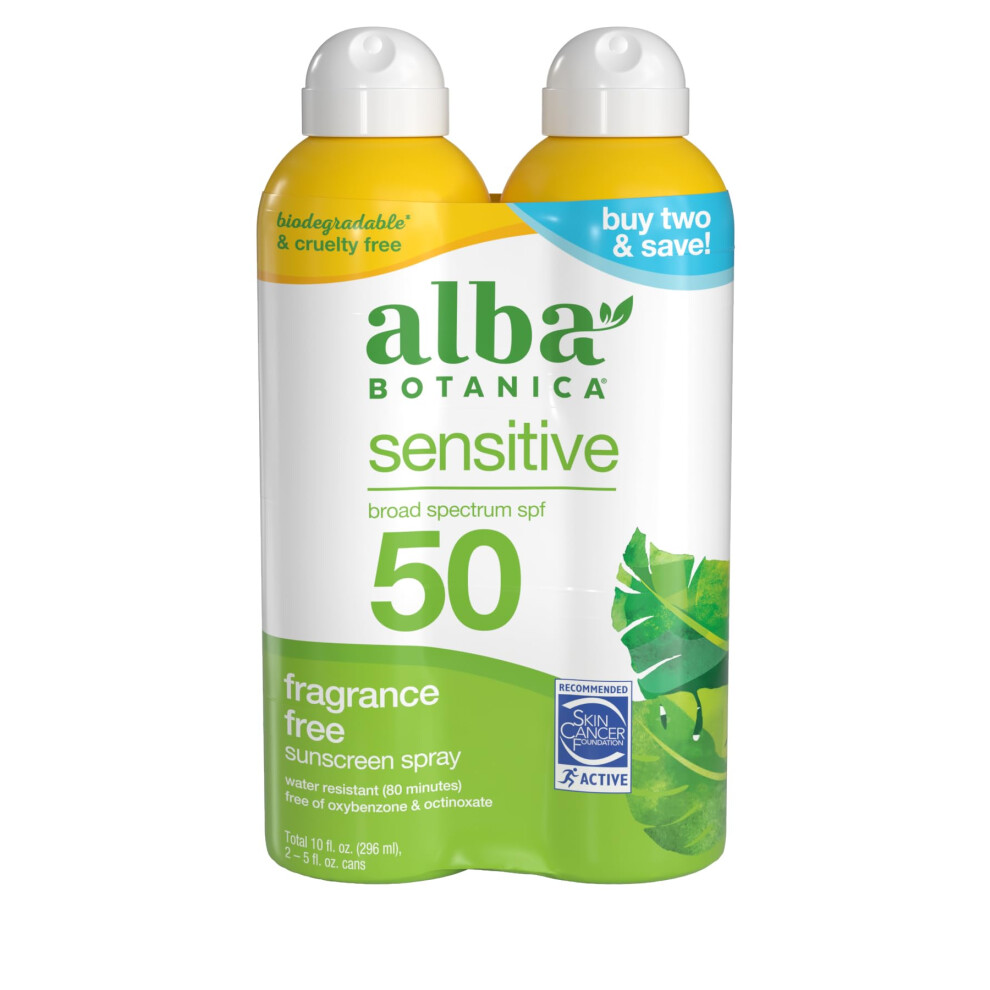 Alba Botanica Sensitive Sunscreen Spray for Face and Body  Fragrance-Free  Broad Spectrum SPF 50  Water Resistant  5 fl oz Bottle (Pack of 2)