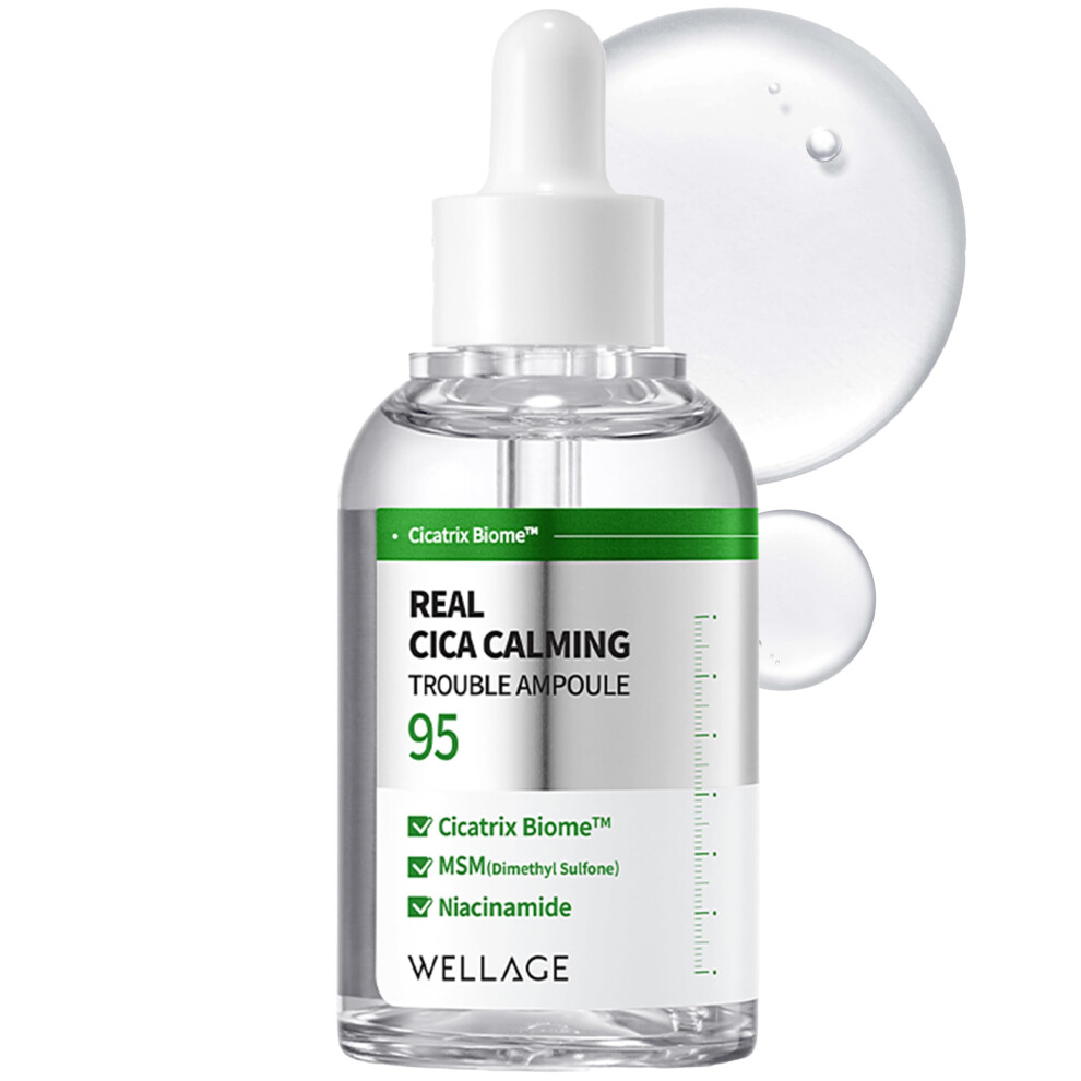 Friskhet Wellage Real Cica Calming Trouble Ampoule - Korean Soothing Serum 95% Madecassoside Rapid Soothing Redness Relief Sebum Control Improves Freckles