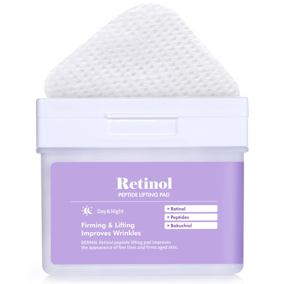 Dermal Retinol Peptide Lifting Pad - Korean Toner Pad For Anti-Aging & Wrinkles With Bakuchiol - Vegan Pure Cotton Square Pads - High Capacity 120 Sh