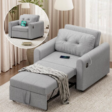 Sofa Bed, 3 in 1 Convertible Single Sofa Bed with USB & Type-C Ports, Pull Out Linen Single Sleeper Chair