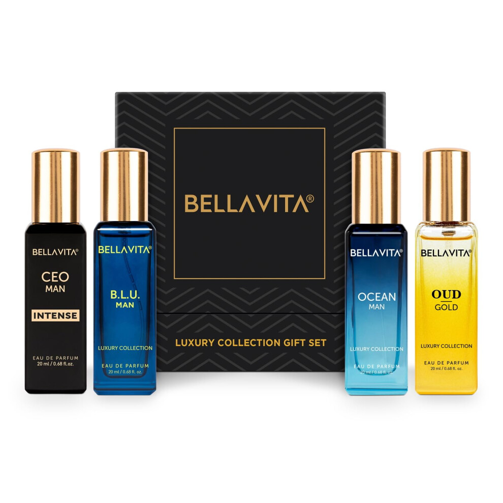 Bella Vita Luxury Luxury Collection Eau De Parfum (4X0.68 Fl. Oz.) | Father's Day Gifts | 4 In A Box - Perfume Set For Men | Oud Gold Ocean B.l.u &
