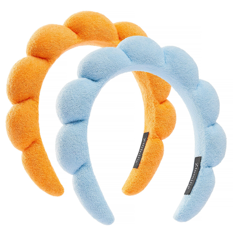 Ztomine Spa Headbands  Set of 2 - Terry Cloth Face Wash Headband Combo Pack - Puffy Makeup Headbands for Face Washing  Mask (blue+orange)
