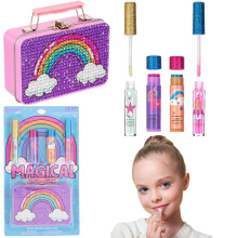 EXPRESSIONS 5pc Rainbow Rhinestones Cosmetics Lip Kit For Kids w/Lip Glosses Lip Balms & Tin Box Storage Case Magical Lip Set Washable + Non Toxic