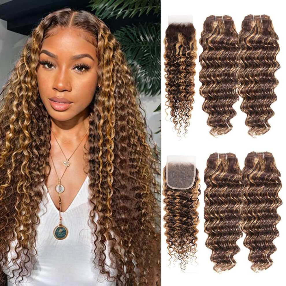 Tealoves Highlight Bundles Human Hair With Closure 10A Deep Wave 4Bundles With Closure 4/27 Ombre Brown Bundles Human Hair With 4X4 Lace Closure (Highlighted B