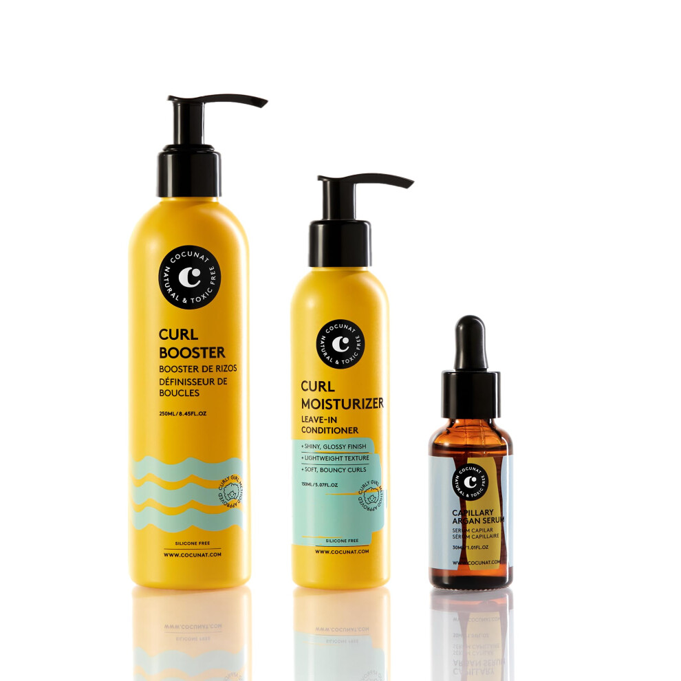 Cocunat - Shiny Curls Plan - Moisturizer Leave In + Curl Booster + Argan Oil Serum - Curly Method - Moisturises Detangles Nourishes Eliminates Friz