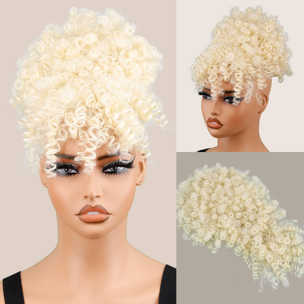 Builson Unisex Black Drawstring Ponytail For Women Afro Puff Kinky Curly Hair Ponytail Extension With Bangs Updo Natural Hair Ponytail (613 Light Blonde)