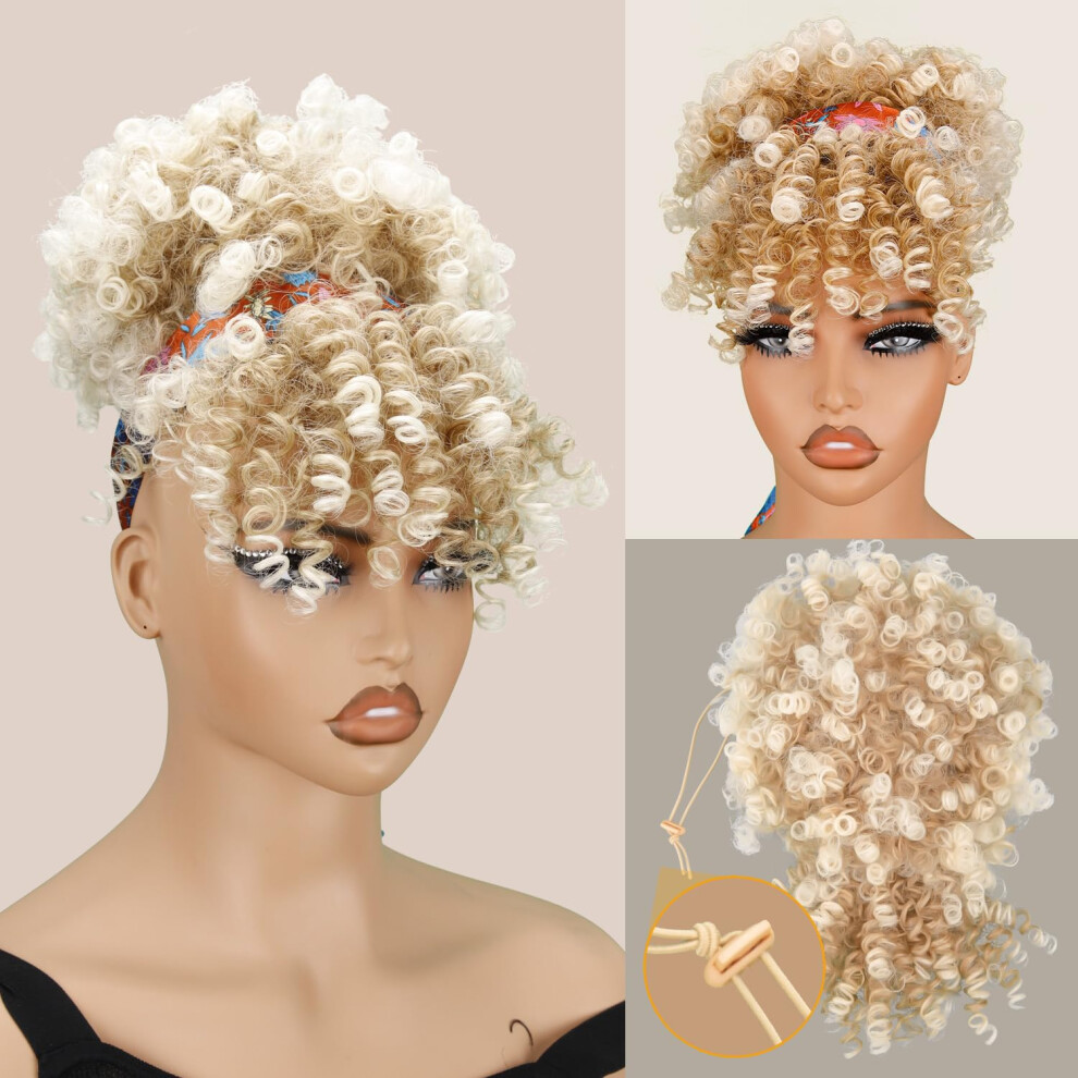 Builson Unisex Black Drawstring Ponytail For Women Afro Puff Kinky Curly Hair Ponytail Extension With Bangs Updo Natural Hair Ponytail (27/613 Blonde/Light