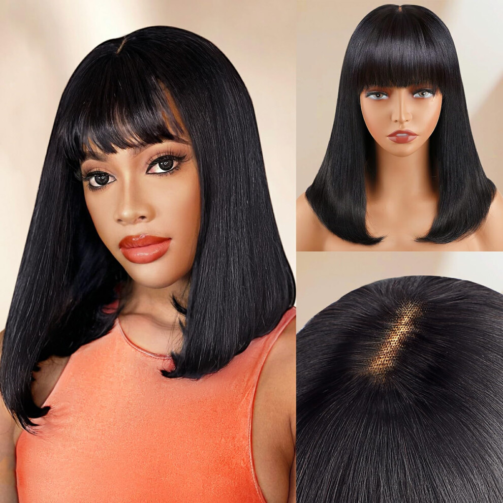 Lativ Unisex Black Bob Wig With Bangs Human Hair 4X2 Lace Bob Wig Human Hair With Bangs 180% Density Glueless Bang Bob Wigs Human Hair Wig For Women Natural (16 Inc