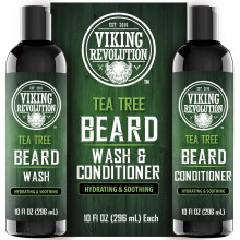 Viking Revolution Tea Tree Oil Beard Wash and Beard Conditioner For Men - Natural Beard Softener Set with Argan Oil Vitamin E and Ginseng - Tea Tree