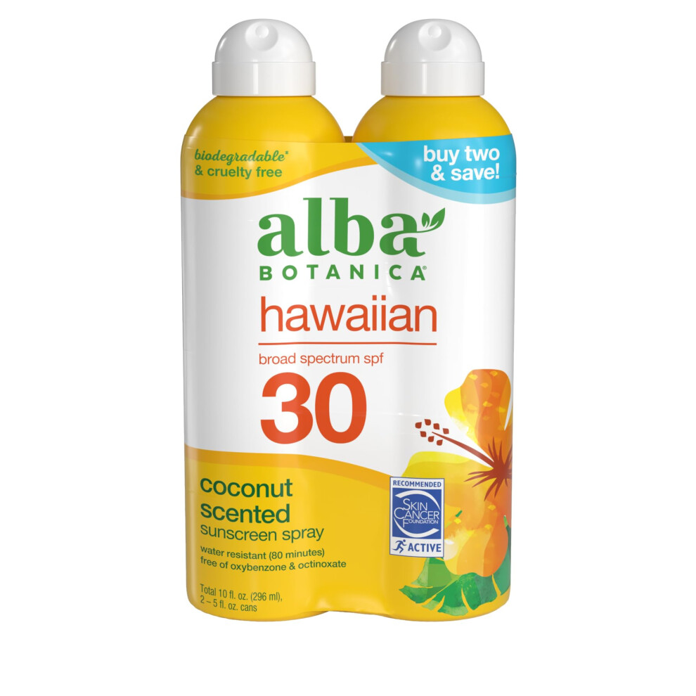 Alba Botanica Hawaiian Coconut Sunscreen  Spray Broad Spectrum SPF 30 Sunscreen  Water Resistant and Biodegradable 5 fl oz Bottle (Pack of 2)