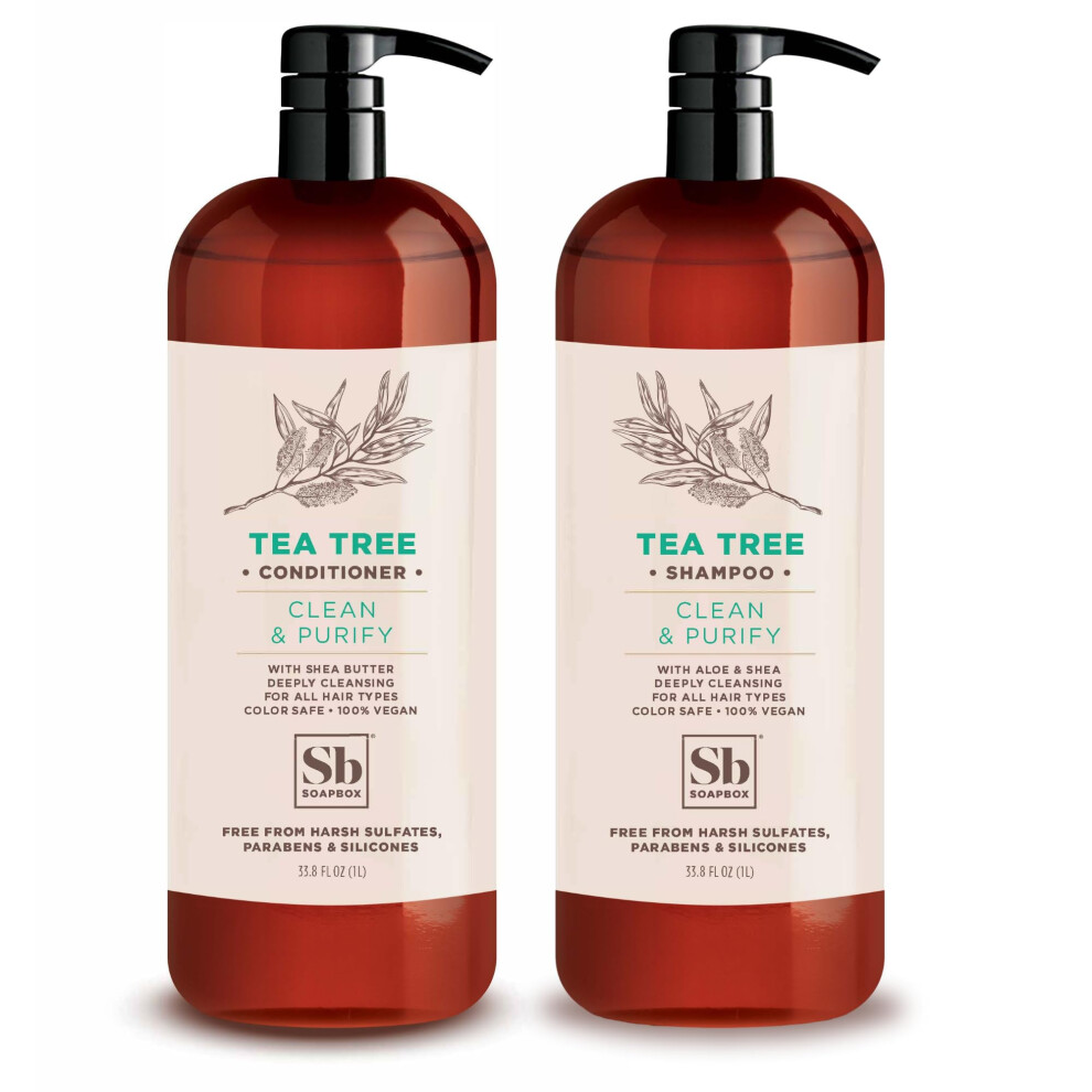 Soapbox Shampoo And Conditioner Set With Tea Tree Oil Jojoba Oil Aloe And Shea Butter To Clean And Purify For All Hair Types 1 Liter Each (Pack Of