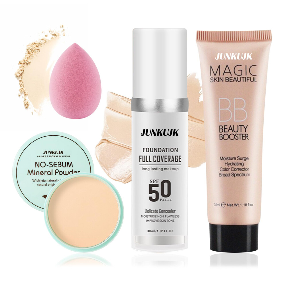 Color Changing Full Coverage Liquid Foundation Makeup Gift Set Moisturizing BB Cream for Women Flawless Loose Setting Powder Face Primer Base Makeup K