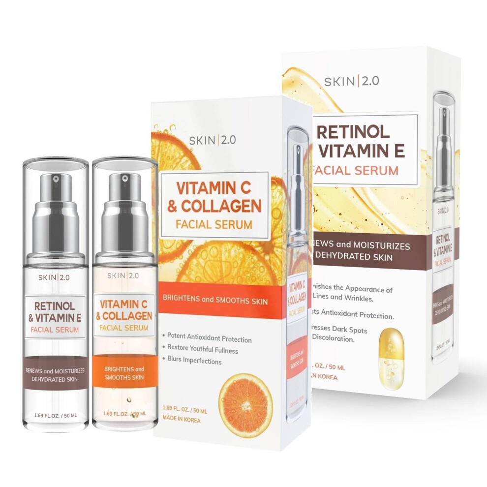 Vitamin C & Collagen + Retinol & Vitamin E Facial Serum - Day & Night Duo Set - for Dark Spots & Skin Brightening - Anti Aging & Acne Facial Serum - C