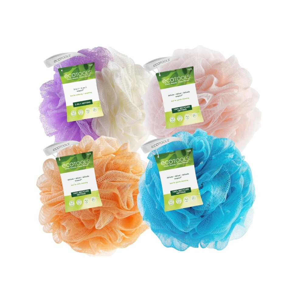 EcoTools EcoPouf Bath Sponge  Assorted Delicate and Exfoliating Loofah for Shower and Bath  Assorted Colors  4 Count