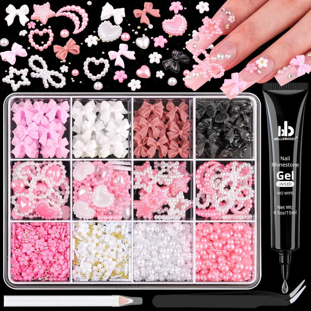 Belleboost Chunky Nail Charms And Gems Set 2 With Rhinestone Glue Girly Coquette Nail Charms + Assorted Pearl Bows Heart Star Moon + Cute 3D Flowers For Nails +
