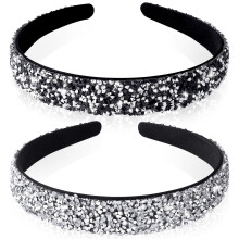 Mxxipp 2Pcs Rhinestone Headbands Crystal Sparkly Jewel Bling Glitter Diamond Headband Wide Padded Hair Bands Hair Accessories Black + Silver