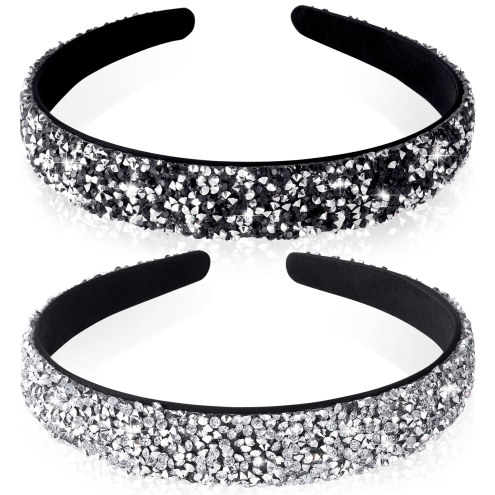Mxxipp Unisex Black,Silver 2Pcs Rhinestone Headbands Crystal Sparkly Jewel Bling Glitter Diamond Headband Wide Padded Hair Bands Hair Accessories Black + Silver