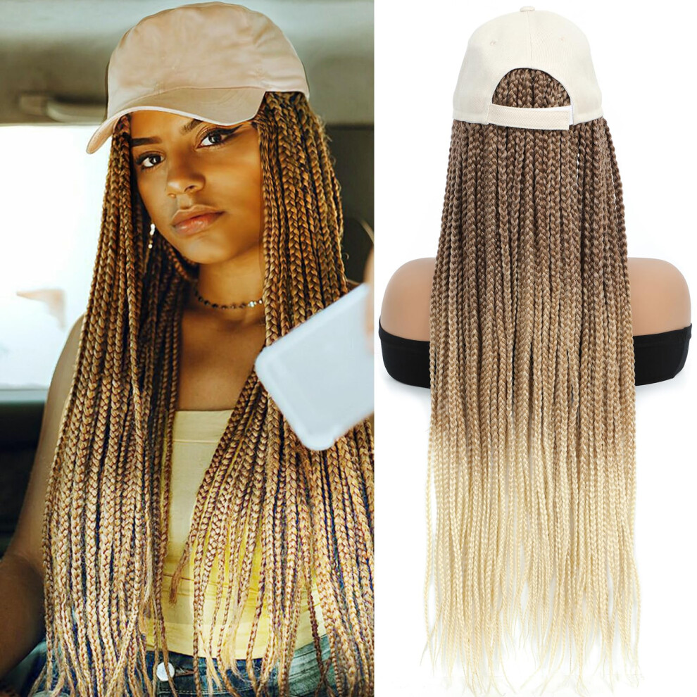 Yunkang Braided Baseball Cap Wig Box Braid Hair Extensions With Hat Ombre Blonde Color Synthetic Hair Beige Hat Wig With 24Inch Long Braiding Hair For