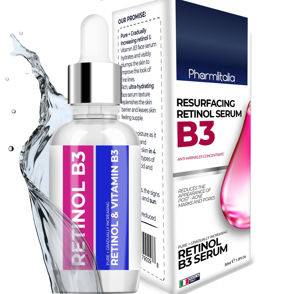 Pharmlitalia Resurfacing Retinol Serum For Face With Vitamin B3 - Pure Retinol Face Serum For Anti Aging Wrinkles Fine Lines Acne Scar And Sun Spots For A Radia
