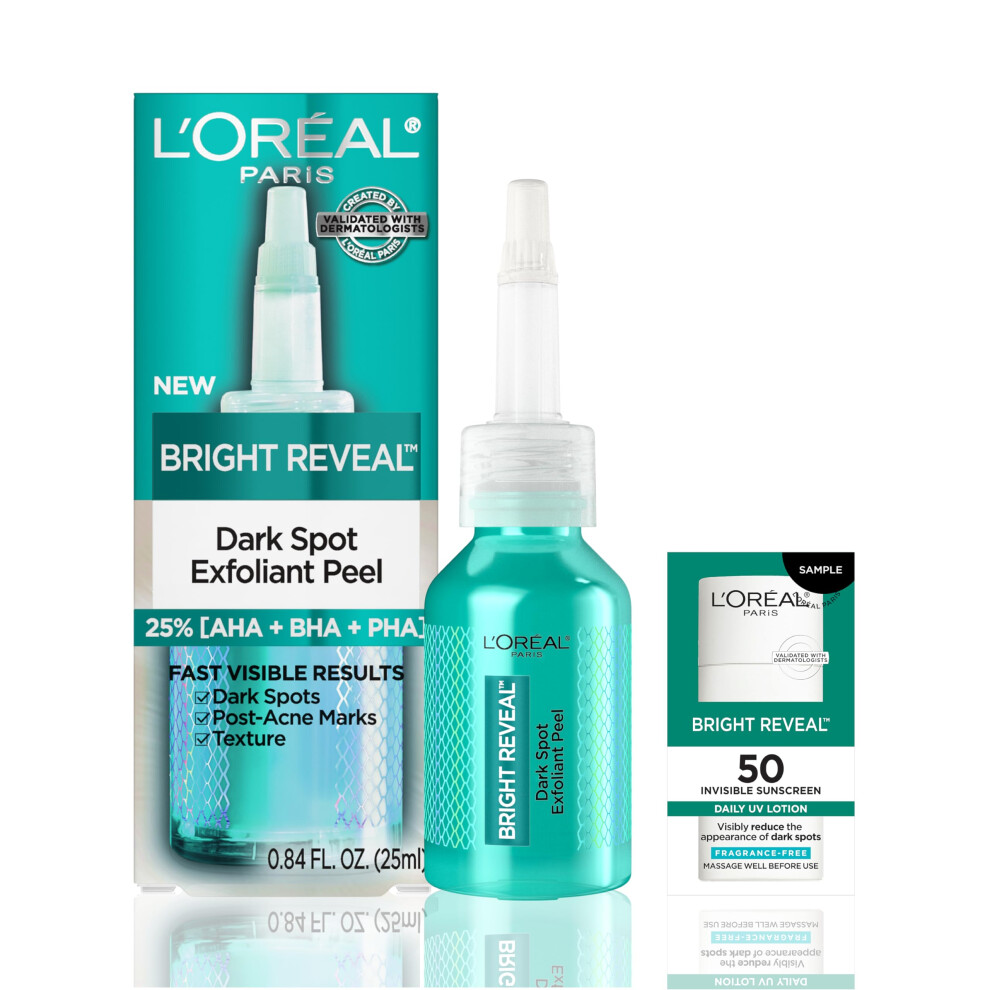 L'Oreal Paris Bright Reveal Dark Spot Exfoliant Peel 25% AHA BHA PHA Face Exfoliator Solution Gentle Skincare to Visibly Reduce Dark Spots and Renew