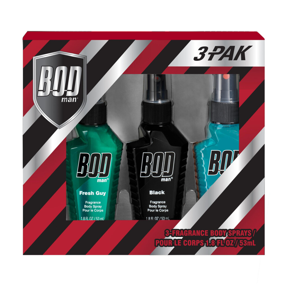 BOD man Body Spray Holiday Gift Set for Him - 3 Piece Variety Sampler (Black  Fresh Guy  Blue Surf)  Perfect for Stocking Stuffers