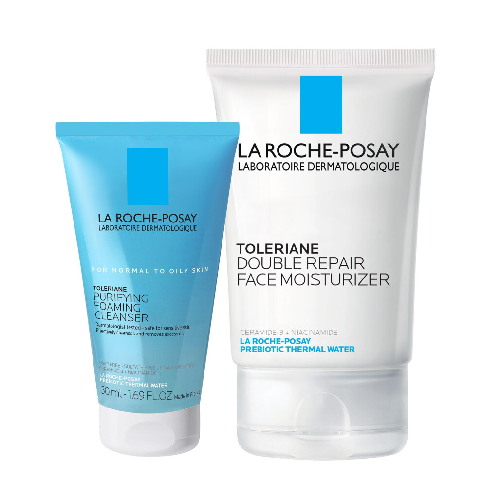 La Roche-Posay Toleraine Skin Care Set | Double Repair Face Moisturizer 100ml & Purifying Foaming Facial Cleanser 50ml | Oil Free Moisturizer & Face W