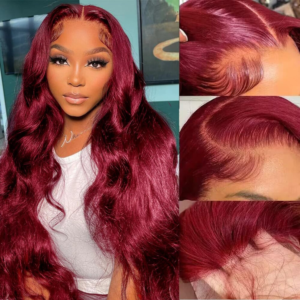 Zgwg Unisex Red 13X6 Burgundy Lace Front Wigs Human Hair 180% Density Body Wave Wig Human Hair Pre Plucked 12A Brazilian Virgin Hd Lace Frontal 99J Human Hair Wig