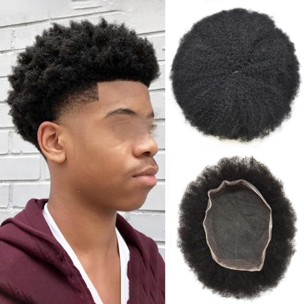 Lyrisk Hã¥R Unisex Black Afro Curly Swiss Lace Topuee Full Lace Wig Replacement System Human Hair Durable Hairpiece African American Wavy Kinky Toupee 8X10 Afro Toupee M