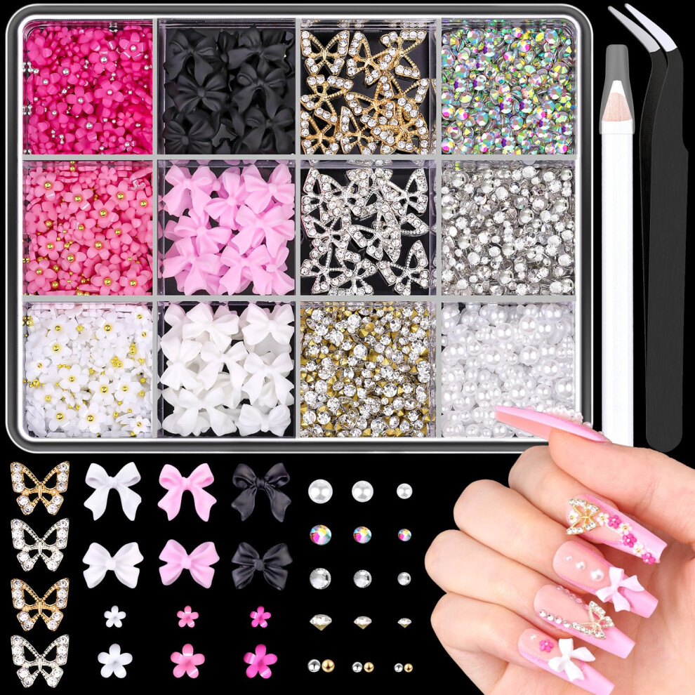 Belleboost 3D Nail Charms And Gems Set 9 20Pcs Chunky Butterfly Charms + 60Pcs Coquette Nail Bows In 2 Styles + 3D Flowers For Nails With Rhinestones Pearls D