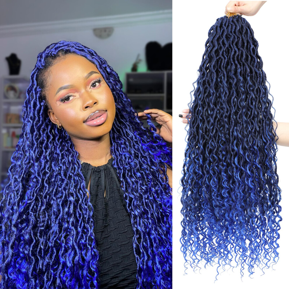 Alimiriam Unisex Blue Long Goddess Locs Crochet Hair 8Packs 30Inch Ombre River Curls Crochet Hair Boho Faux Locs Wavy Crochet Curly Hair With Curly Ends Synthetic Hair