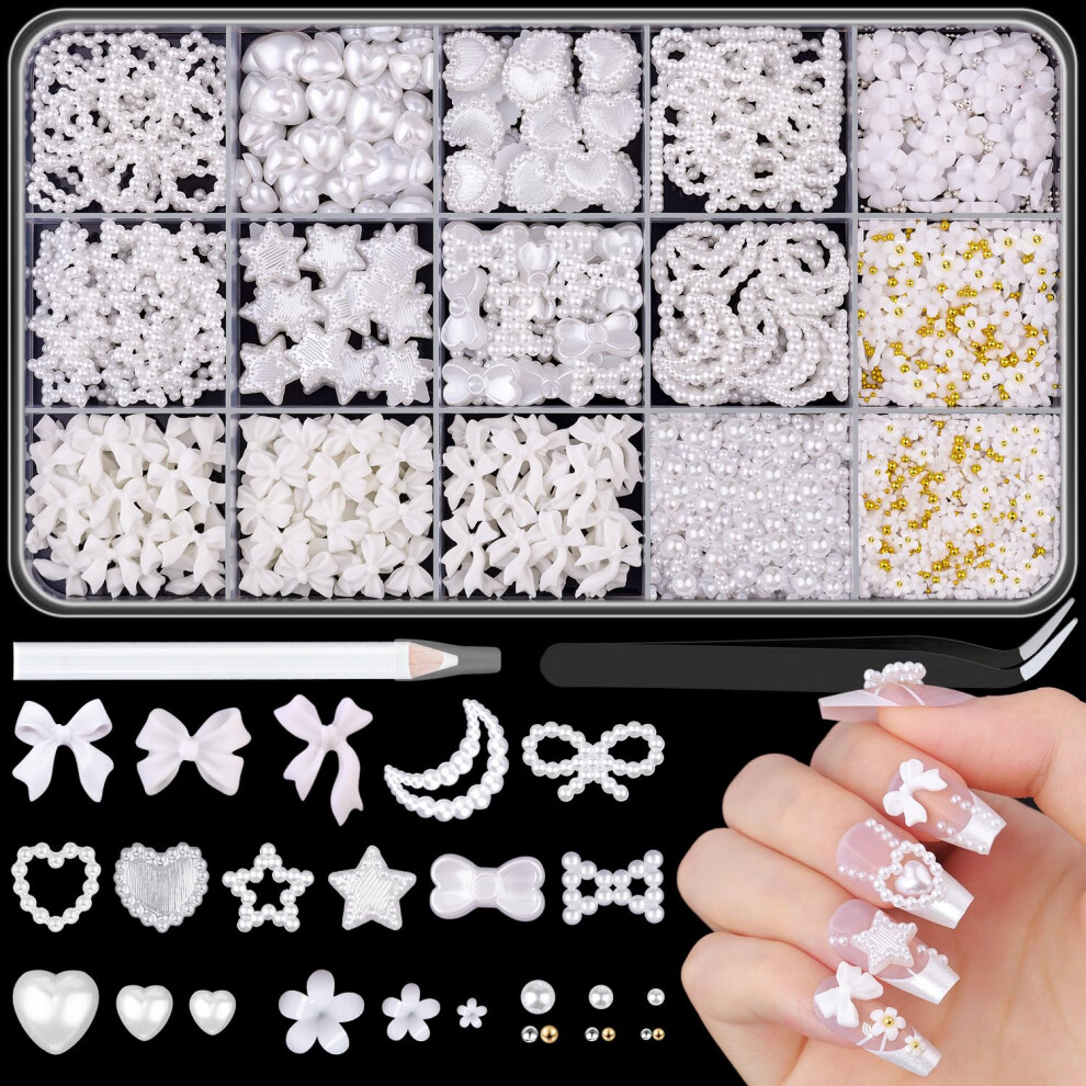 Belleboost White 3D Nail Charms For Coquette Nails Design Set 3, Nail Bows + Assorted Pearl Heart Star Moon Bowknot Cute Nail Jewels + 3D Flower Charms And Nail