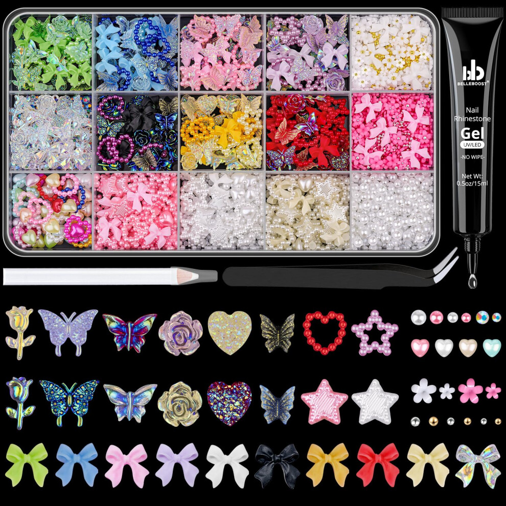 Belleboost 3D Nail Charms For Coquette Nails Design With Rhinestone Glue Set 1, Colorful Nail Bows + Assorted Heart Star Rose Butterfly Nail Jewels + 3D Flowers